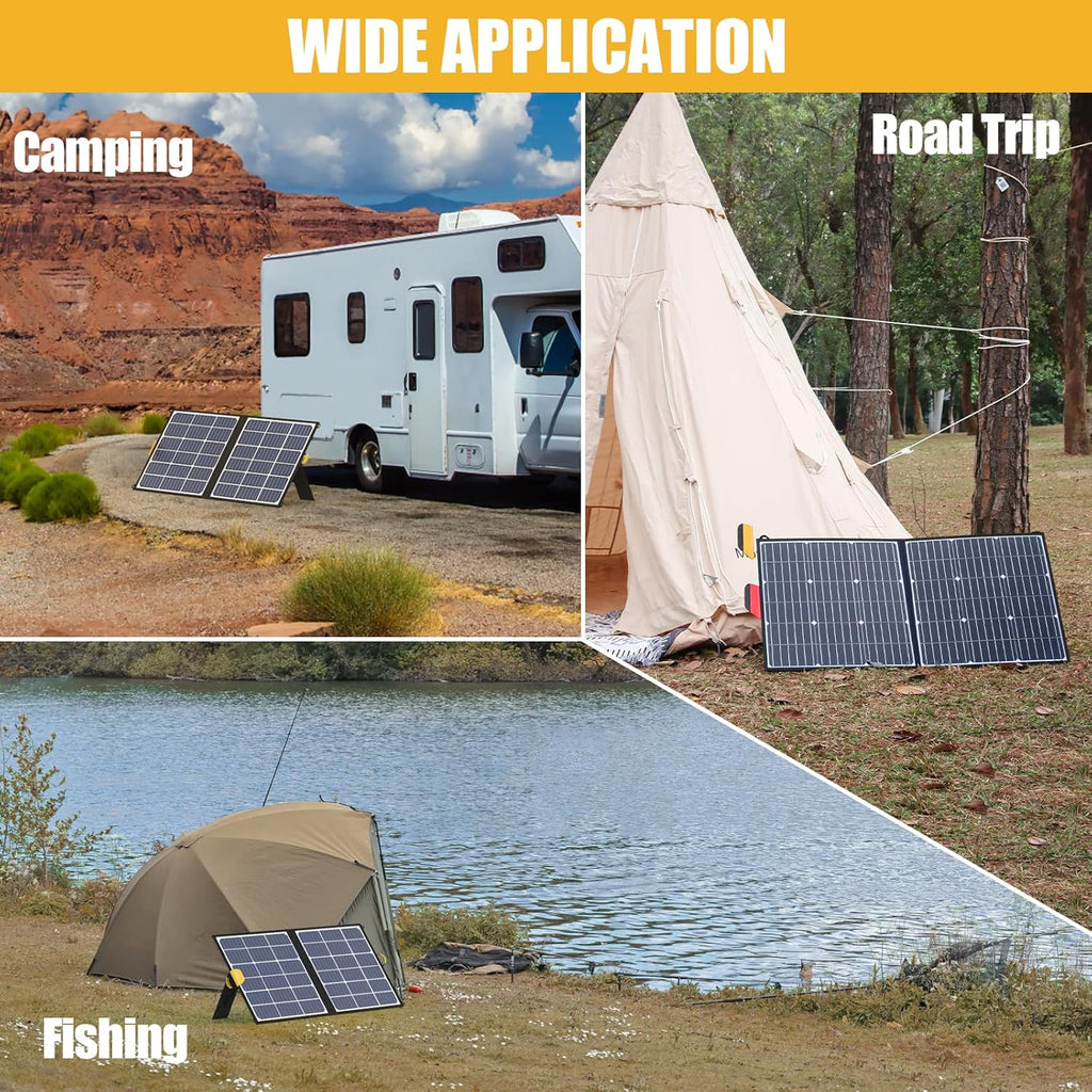 100W Foldable Solar Panel with 10 Connectors, Dual USB & DC Output, IP65 Waterproof M1208
