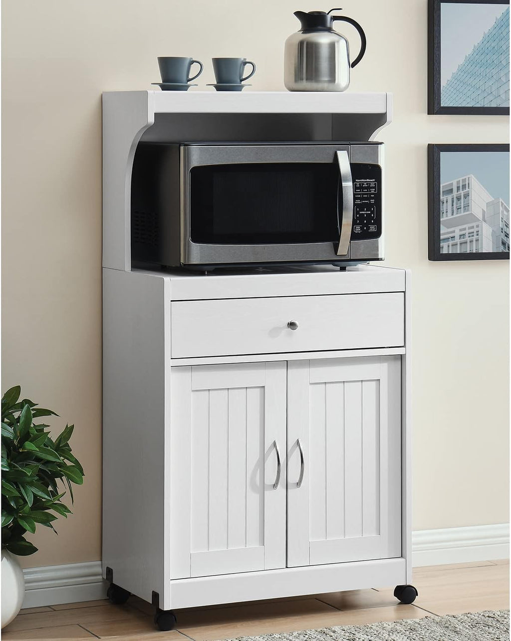 White Microwave Cart with Double Door Cabinet, 1 Drawer, and Top Shelf U913092