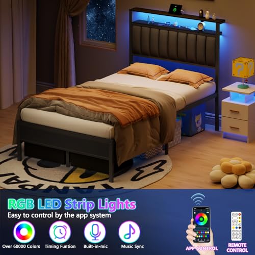 Grey Upholstered Twin Bed Frame with Charging Station and LED Lights A71132