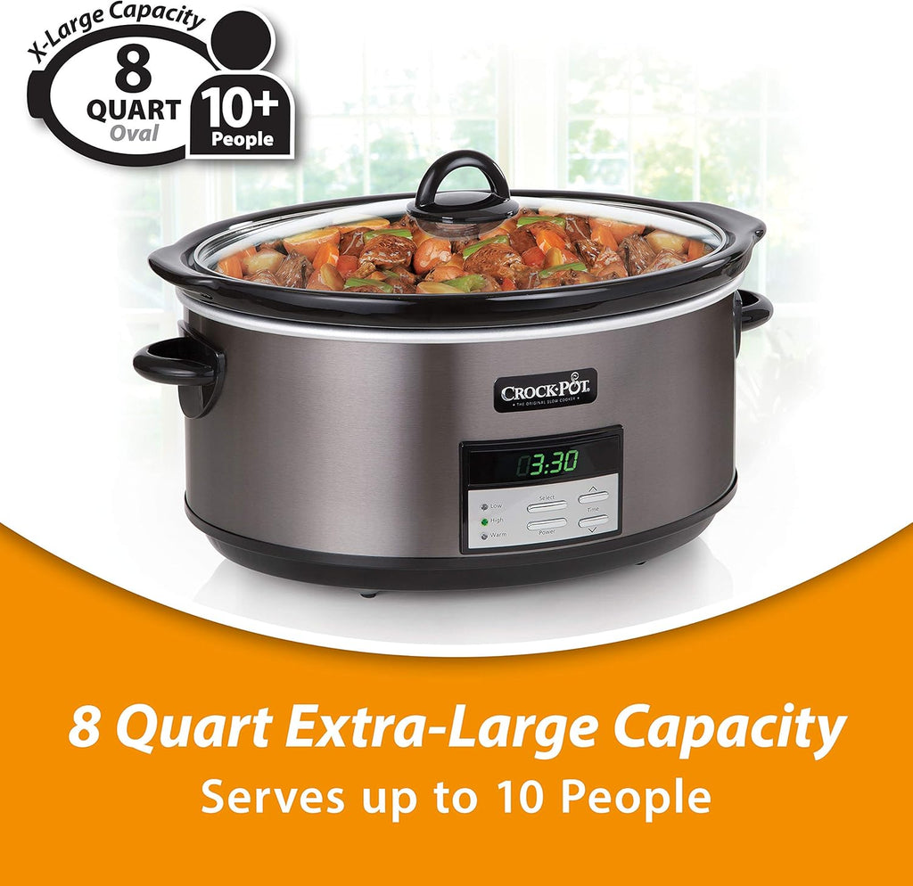 Large 8-Quart Programmable Slow Cooker with Auto Warm Setting, Black Stainless Steel B30153