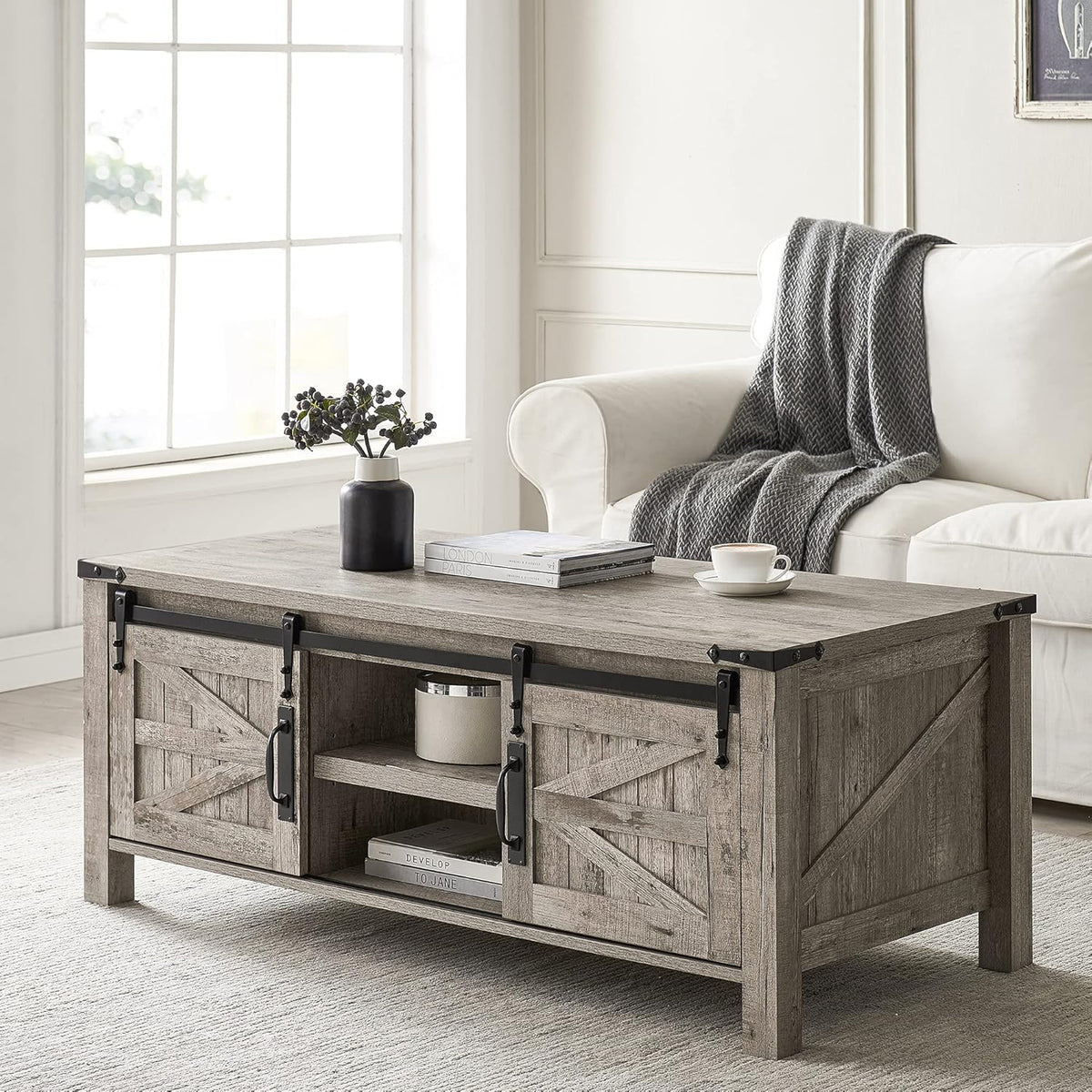 48-Inch Coffee Table with Sliding Barn Doors and Storage Cabinets Q832650