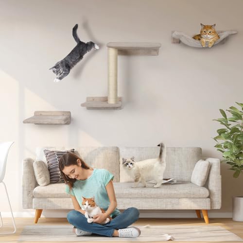 5 Pcs Wall-Mounted Cat Shelves with Sisal Scratcher Post B6875