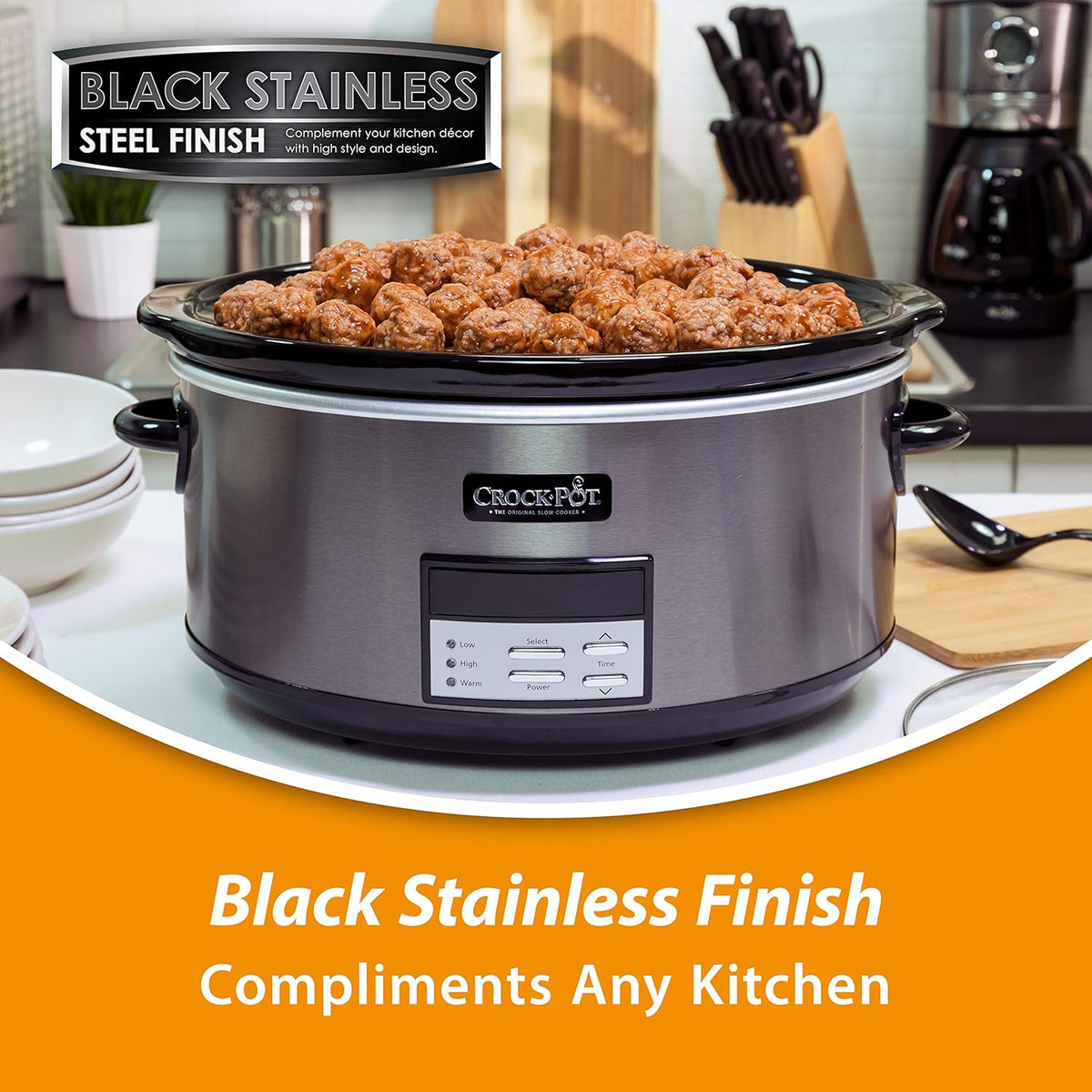 Large 8-Quart Programmable Slow Cooker with Auto Warm Setting, Black Stainless Steel B30153