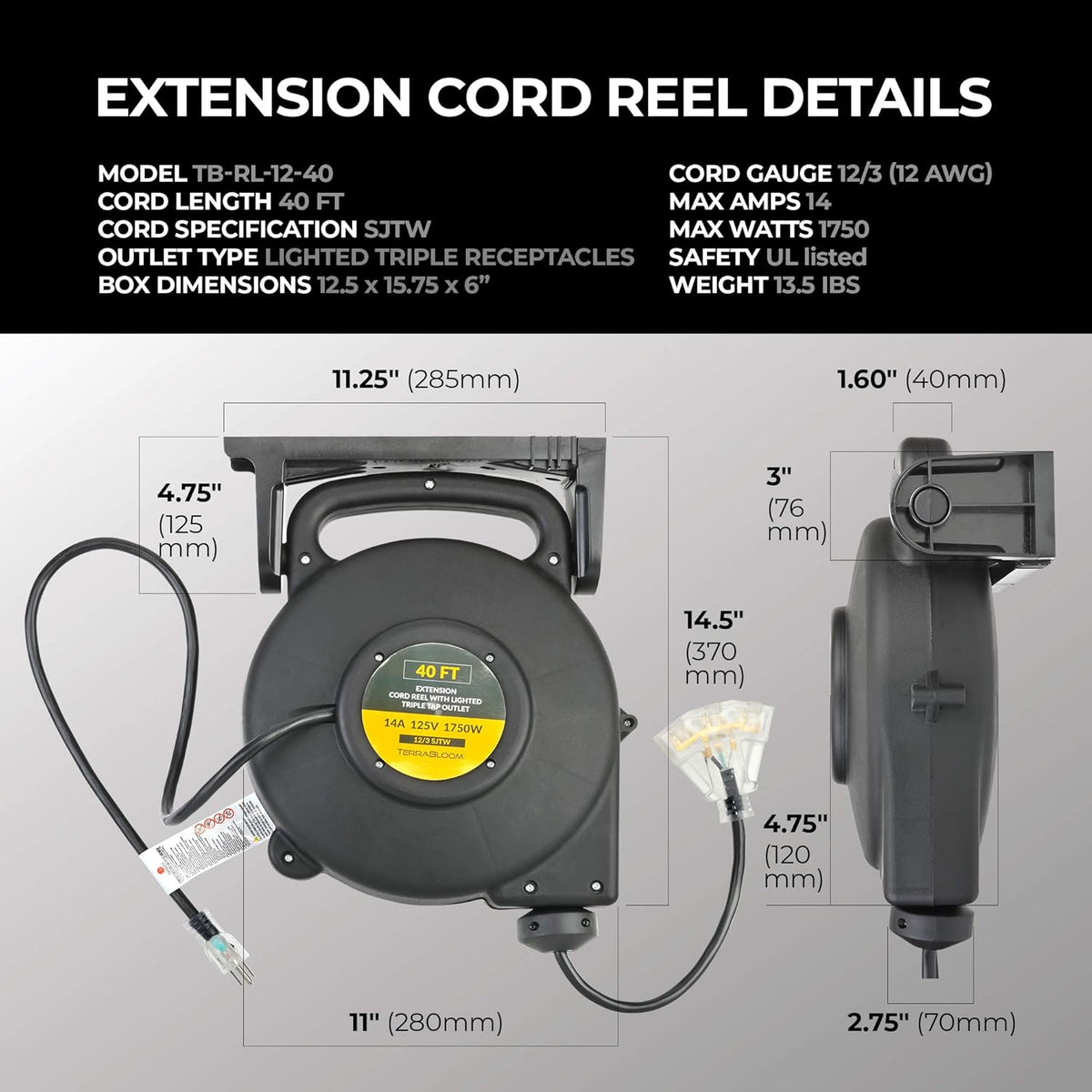 40 Ft 12/3 Retractable Extension Cord Reel with 3 Outlets T334