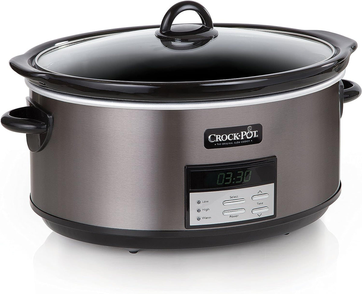 Large 8-Quart Programmable Slow Cooker with Auto Warm Setting, Black Stainless Steel B30153