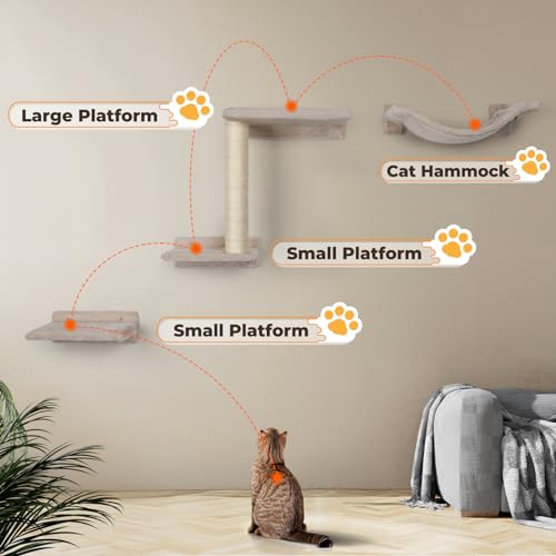 5 Pcs Wall-Mounted Cat Shelves with Sisal Scratcher Post B6875