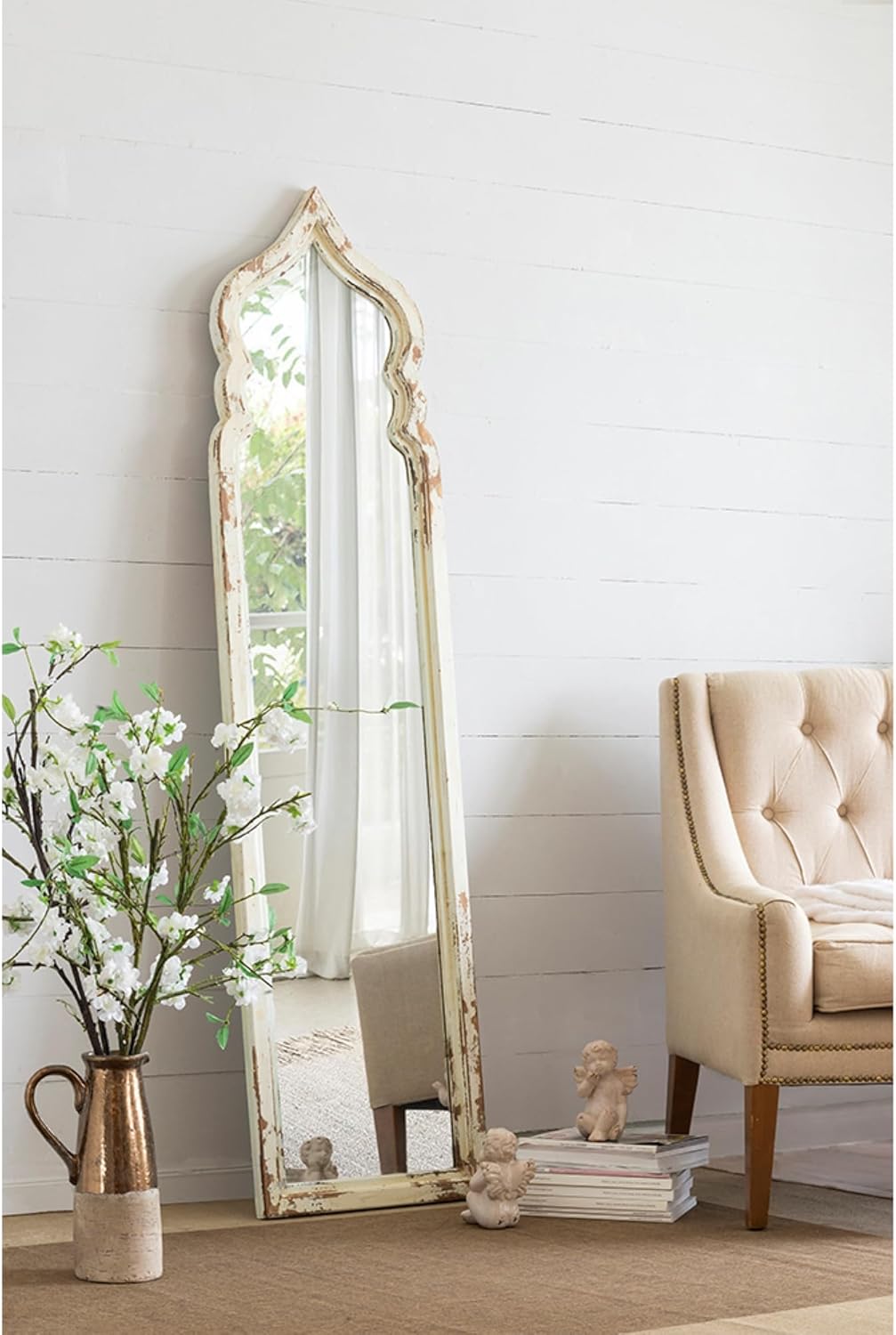 Vintage Weathered White Full Length Floor Mirror Y1560