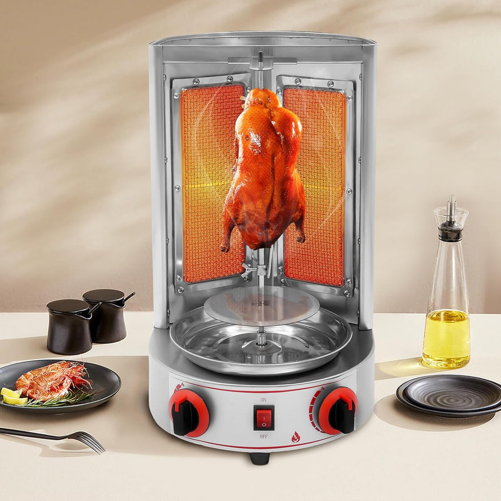 Stainless Countertop Gas Vertical Broiler Rotisserie Grill with 2 Burners Q8302