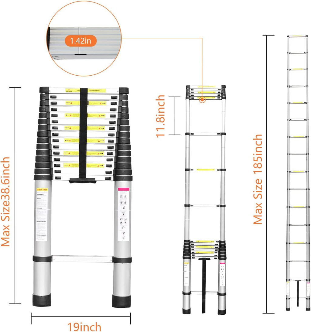 15.5FT Aluminum Telescoping Ladder 330lbs C18989