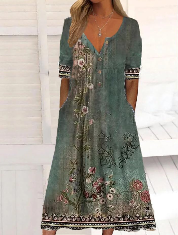 Women's Summer Floral Print Maxi Dresses Short Sleeve V Neck Casual Loose Dress with Pockets I831