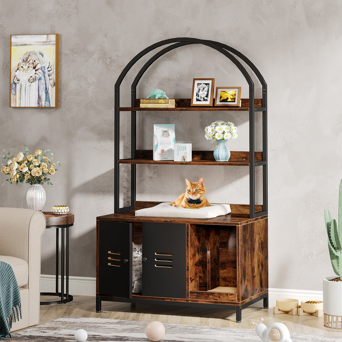 Cat Litter Box Enclosure Furniture with Shelves and Doors W417