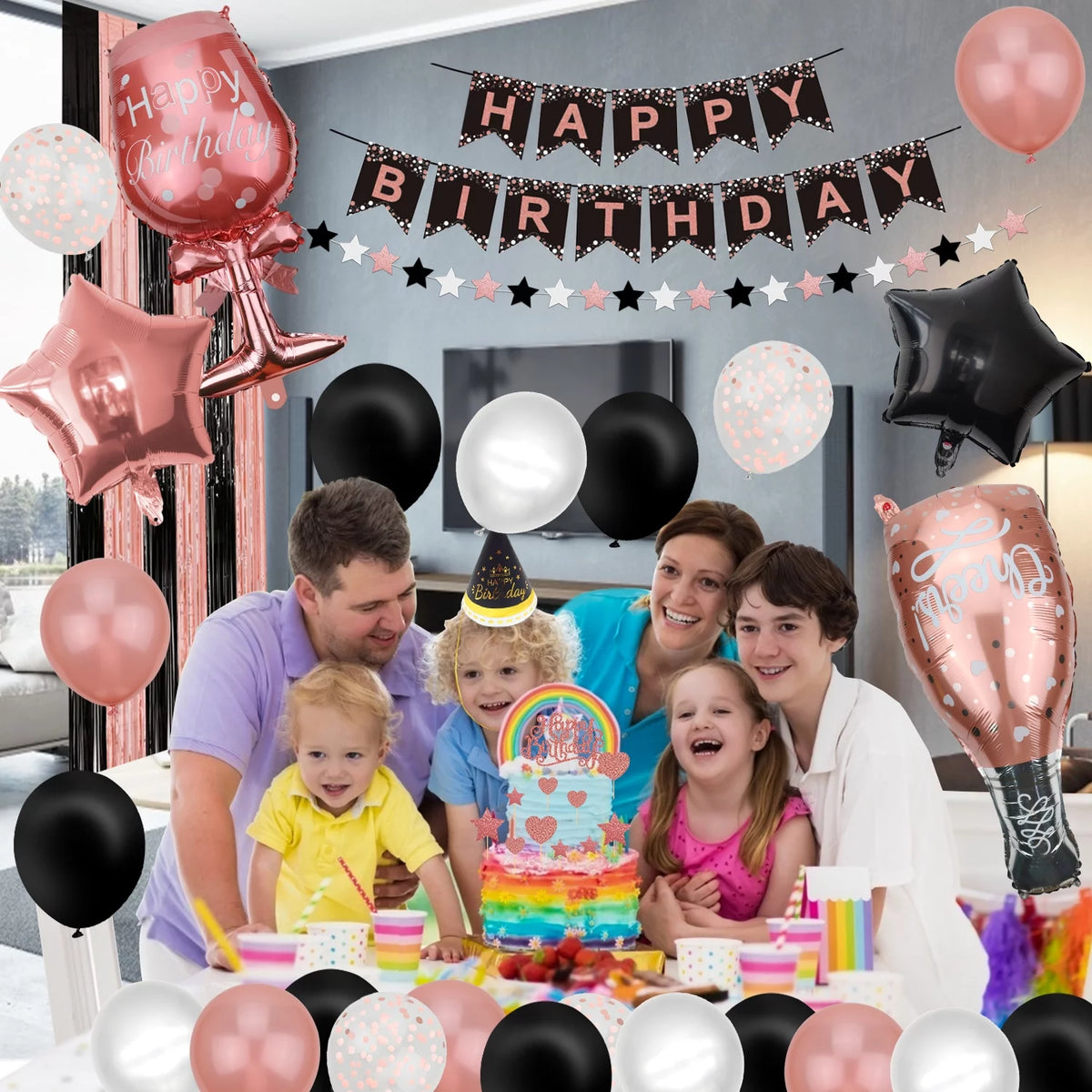 Rose Gold and Black Birthday Banner, Balloons, Fringe Curtains, Tablecloth and Cake Topper U34232