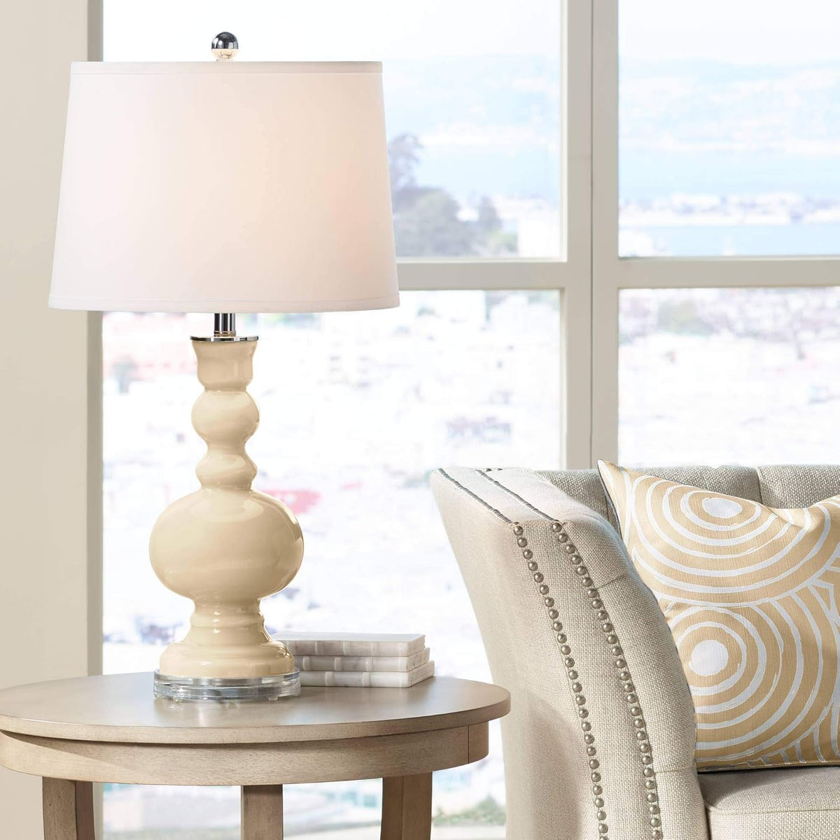 Clear Glass Apothecary Table Lamp with White Linen Drum Shade I119