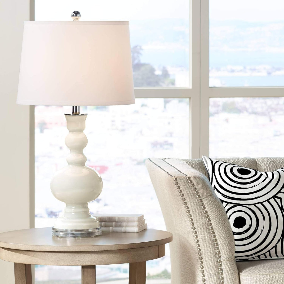 Clear Glass Apothecary Table Lamp with White Linen Drum Shade I119