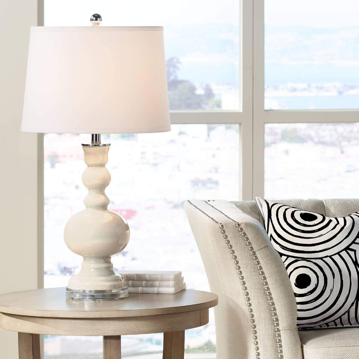 Clear Glass Apothecary Table Lamp with White Linen Drum Shade I119
