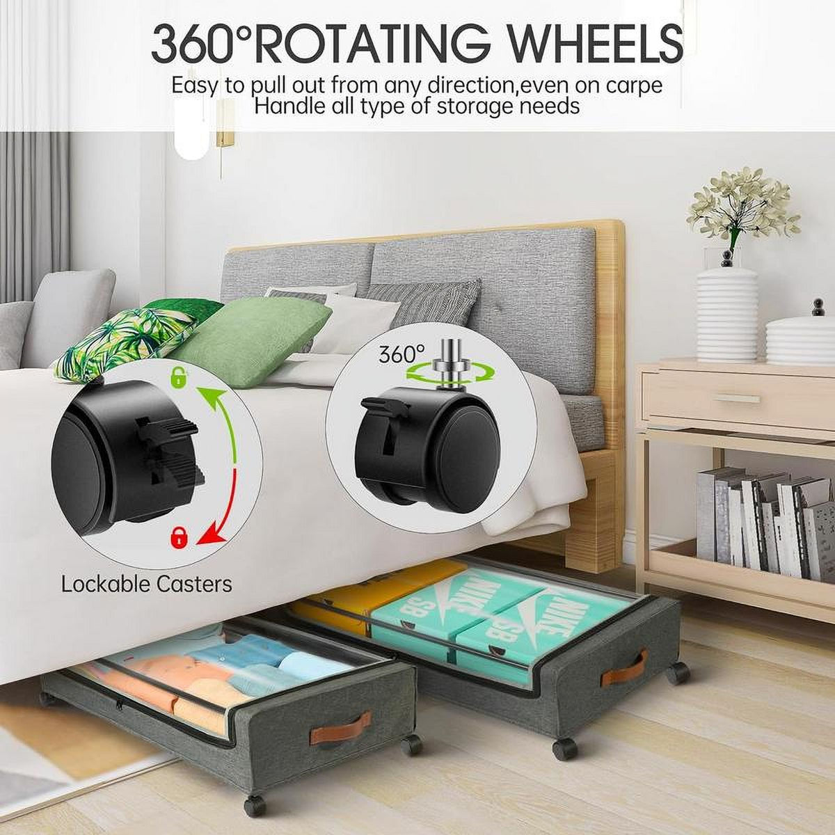 2-Pack Underbed Storage Boxes with Silent Wheels and Clear PVC Window C216373