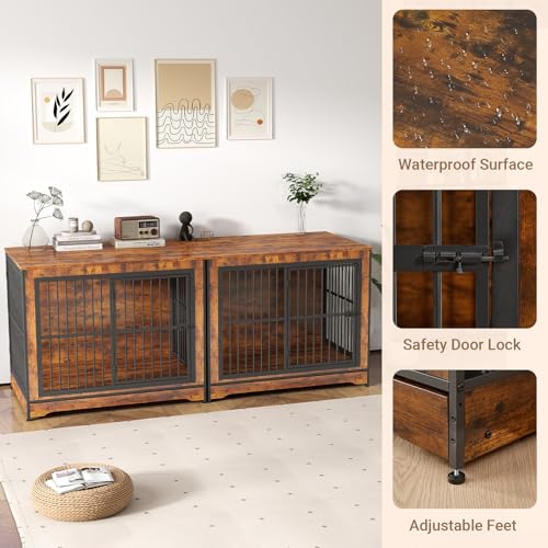 86 Inch Double Dog Crate Furniture with Removable Divider & Trays U170