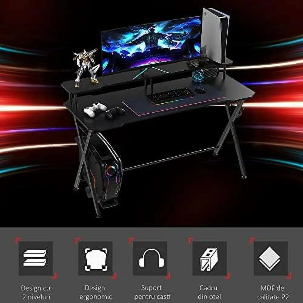 55 Inch Black Gaming Desk with Monitor Stand P57989