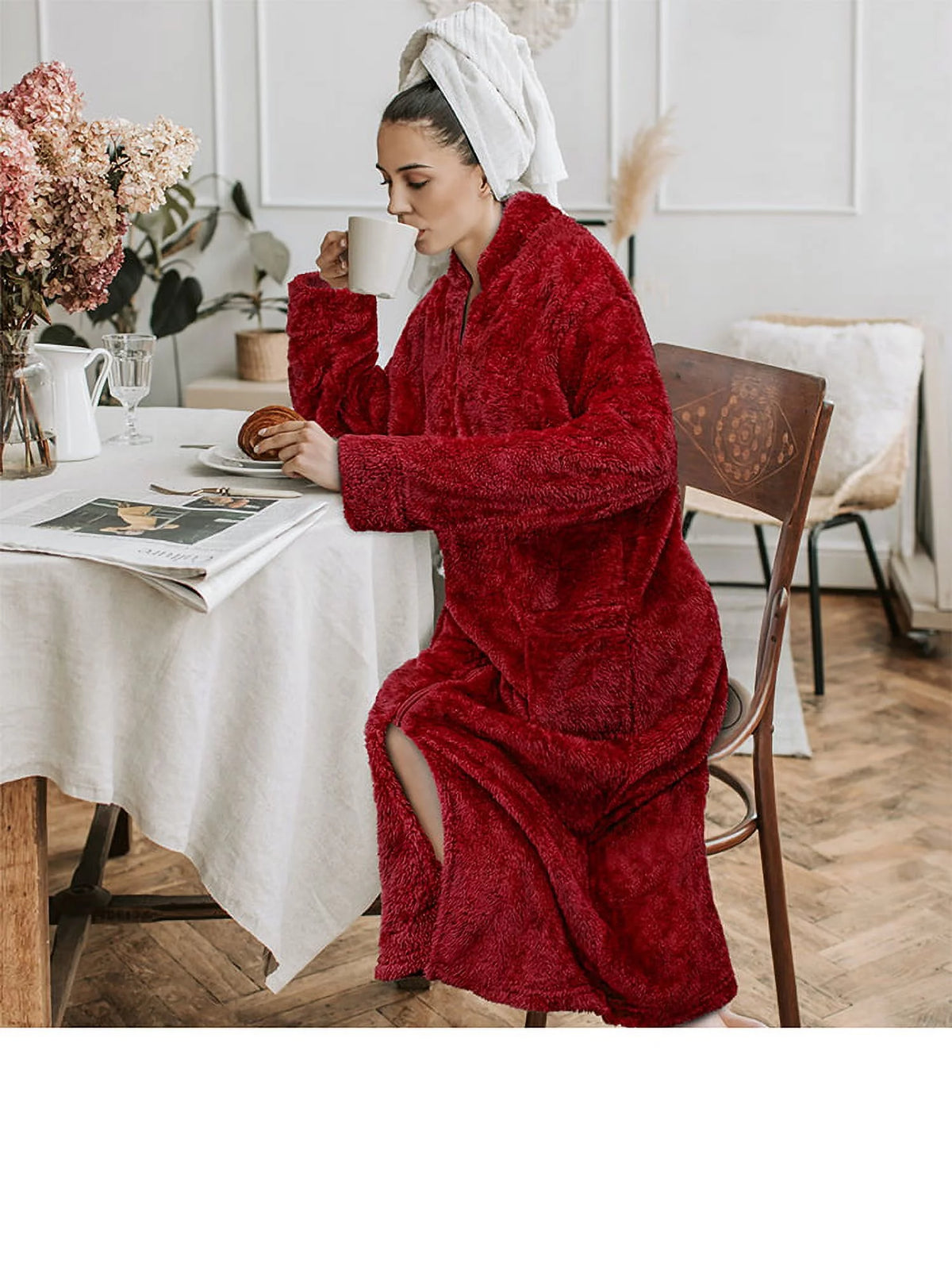 Wine Red Sherpa Fleece Zip Robe with Pockets K131432