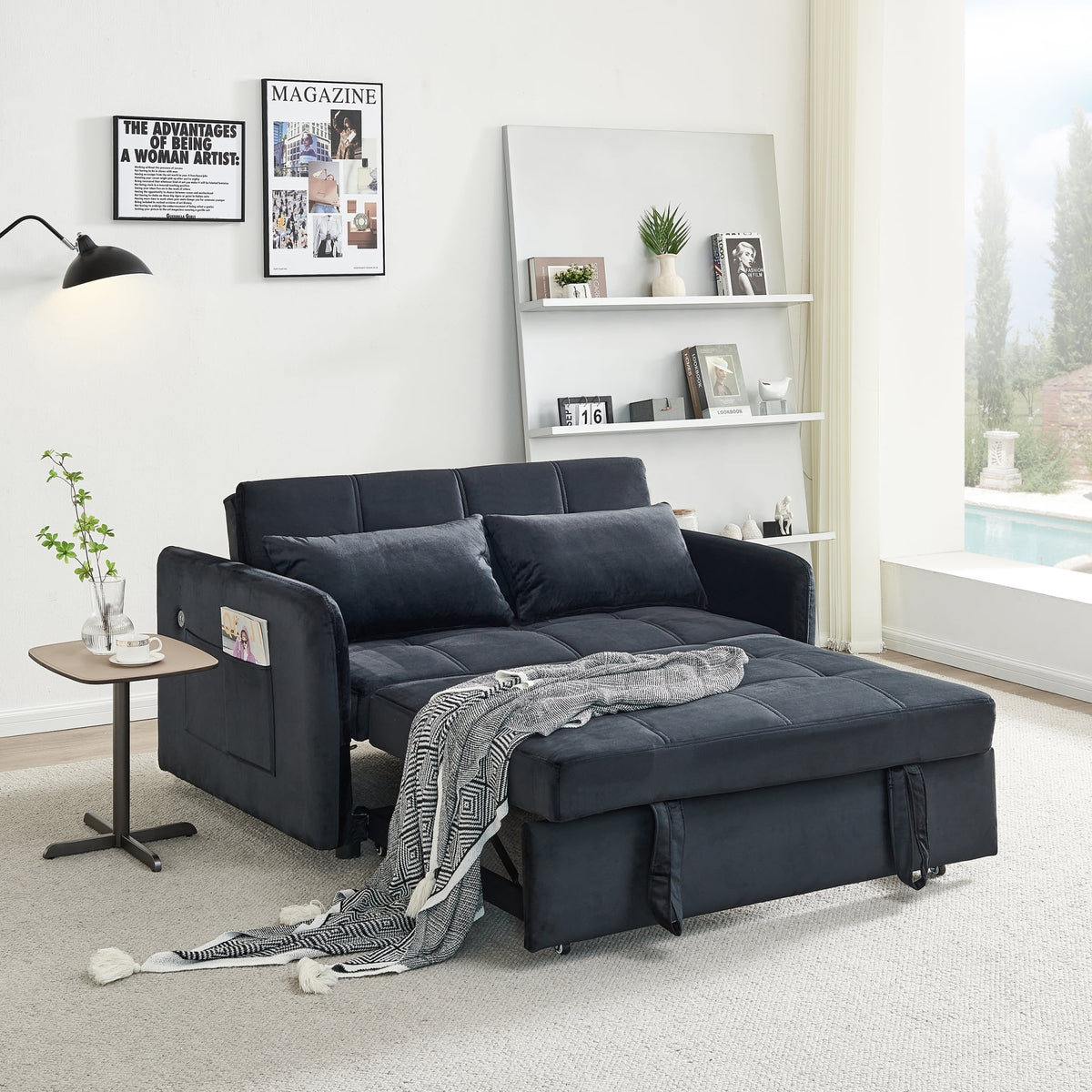Black Velvet Pull Out Sofa Bed P48135