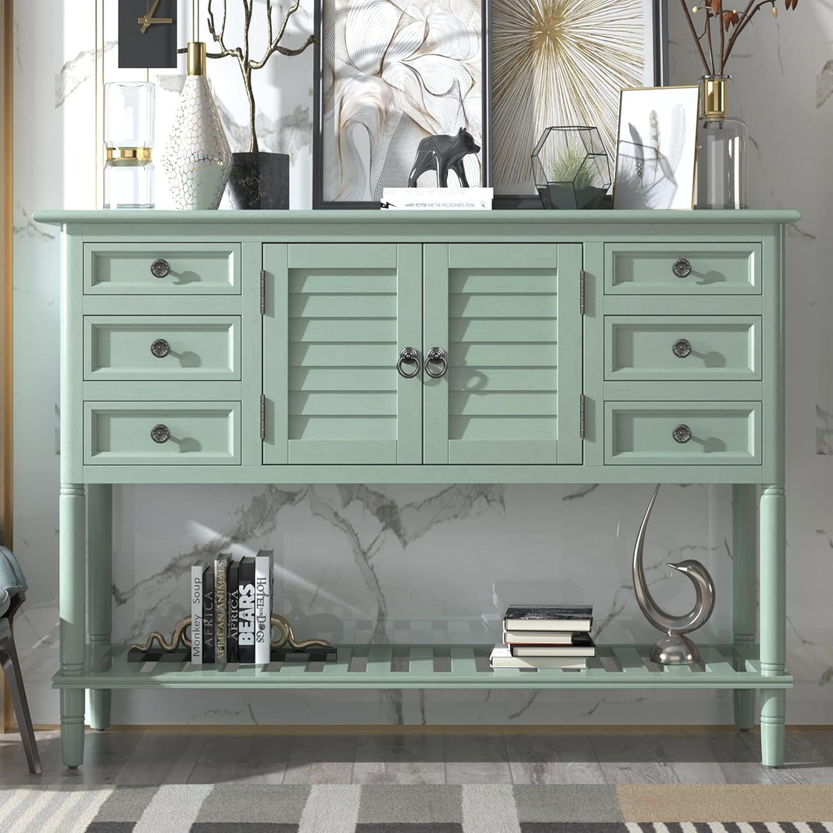 Light Green 6 Drawers Sideboard Cabinet with Bottom Shelf Q3650