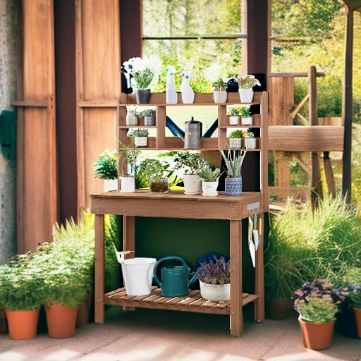 Brown Potting Bench Table with Storage Shelf E7409