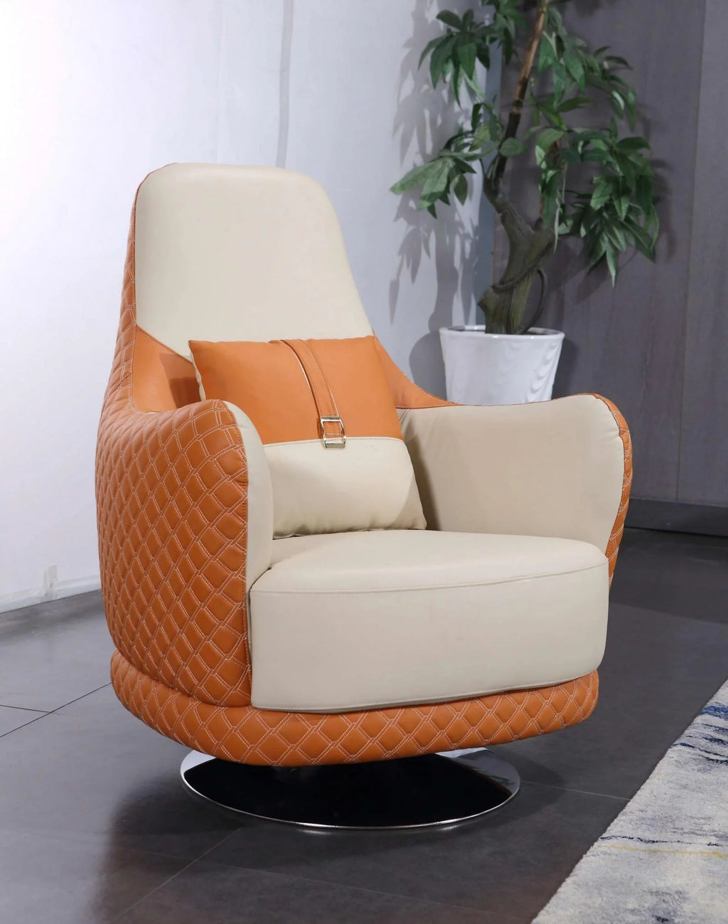 Off White Orange Italian Leather Arm Chair J527