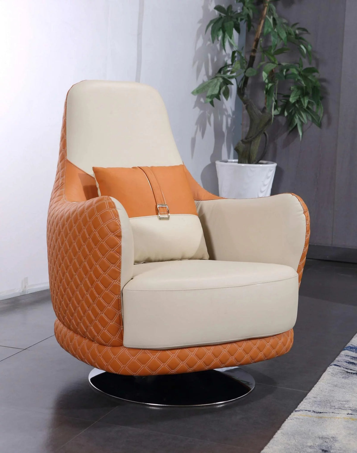Off White Orange Italian Leather Arm Chair J527