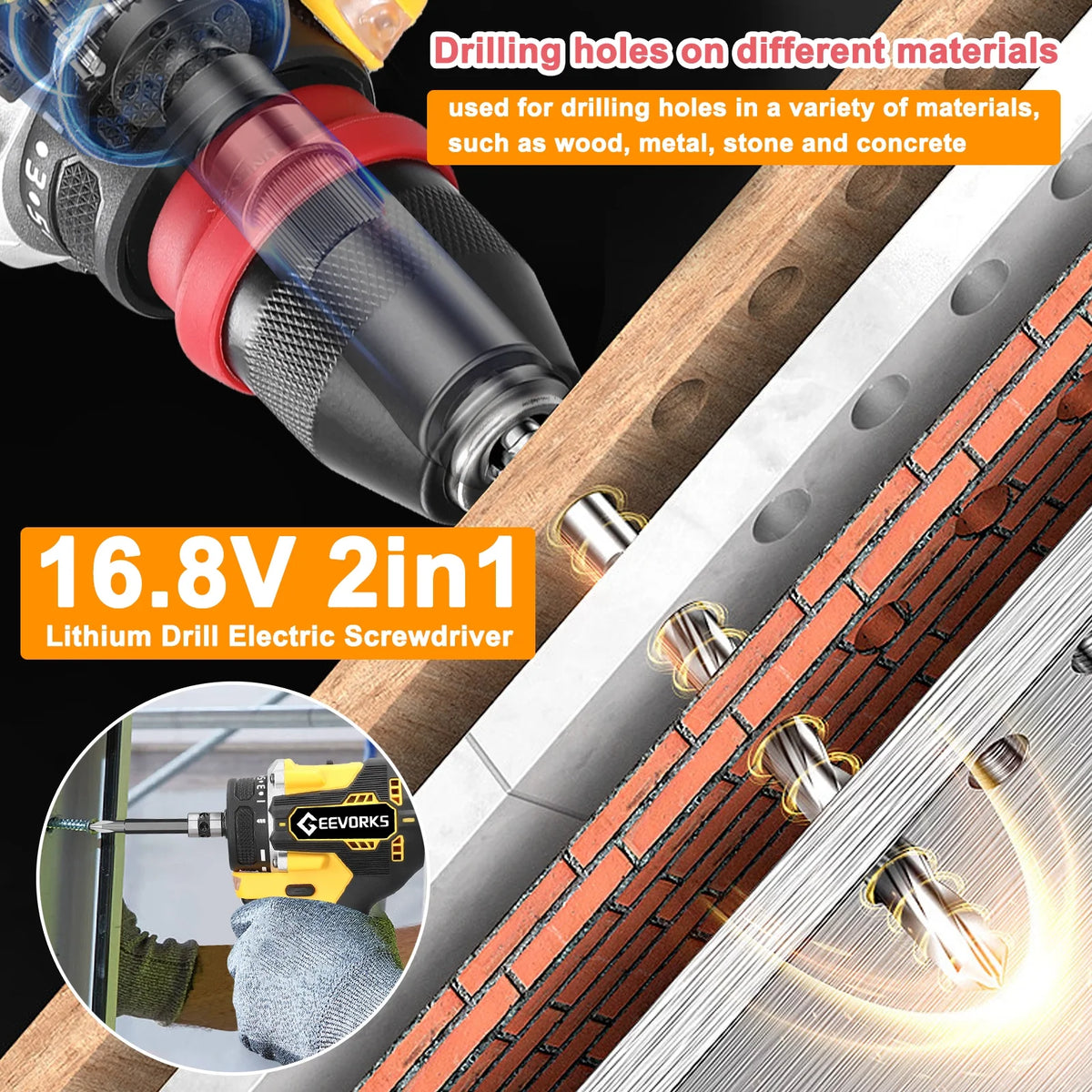 Electric Screwdriver 45Nm Torque 16.8V 2in1 Drill Q124432