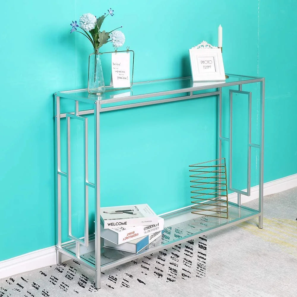 2-Tier Glass Console Table with Tempered Glass Top and Metal Frame E933772