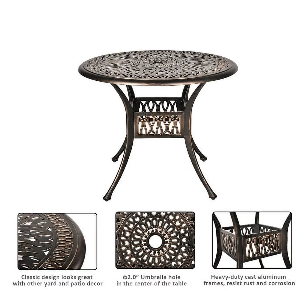 35.4" Diameter Cast Aluminum Round Patio Dining Table with Umbrella Hole I49809