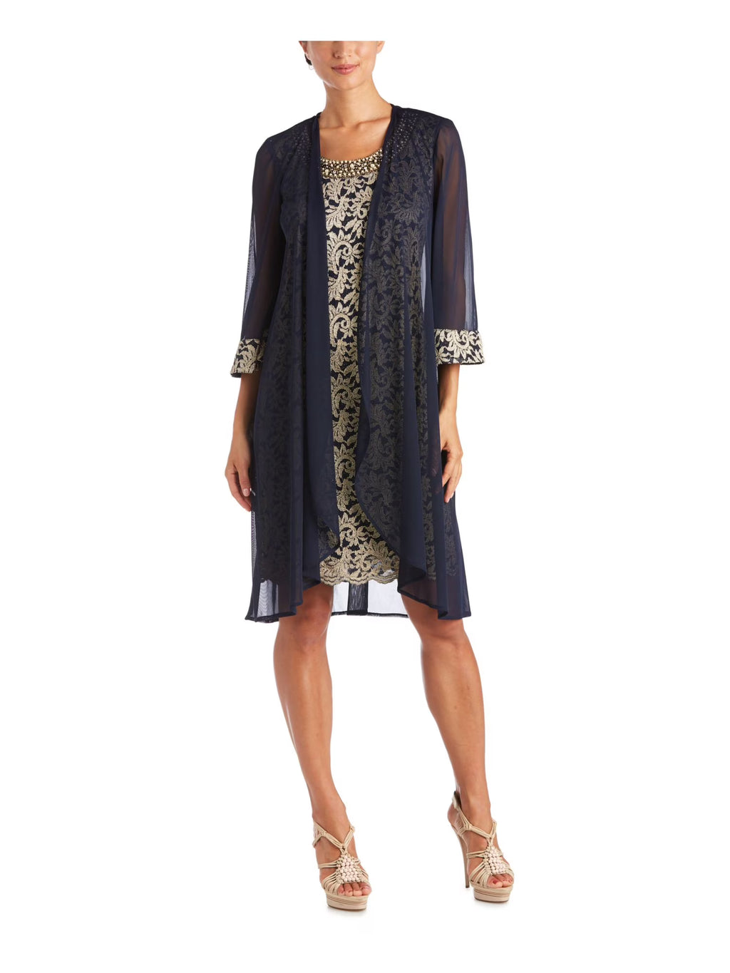 Navy Beaded Scoop Neck Evening Sheath Dress 6 M4079