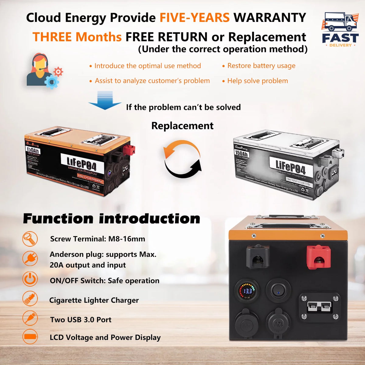 12V 150Ah LiFePO4 Deep Cycle Battery with 100A BMS V140661