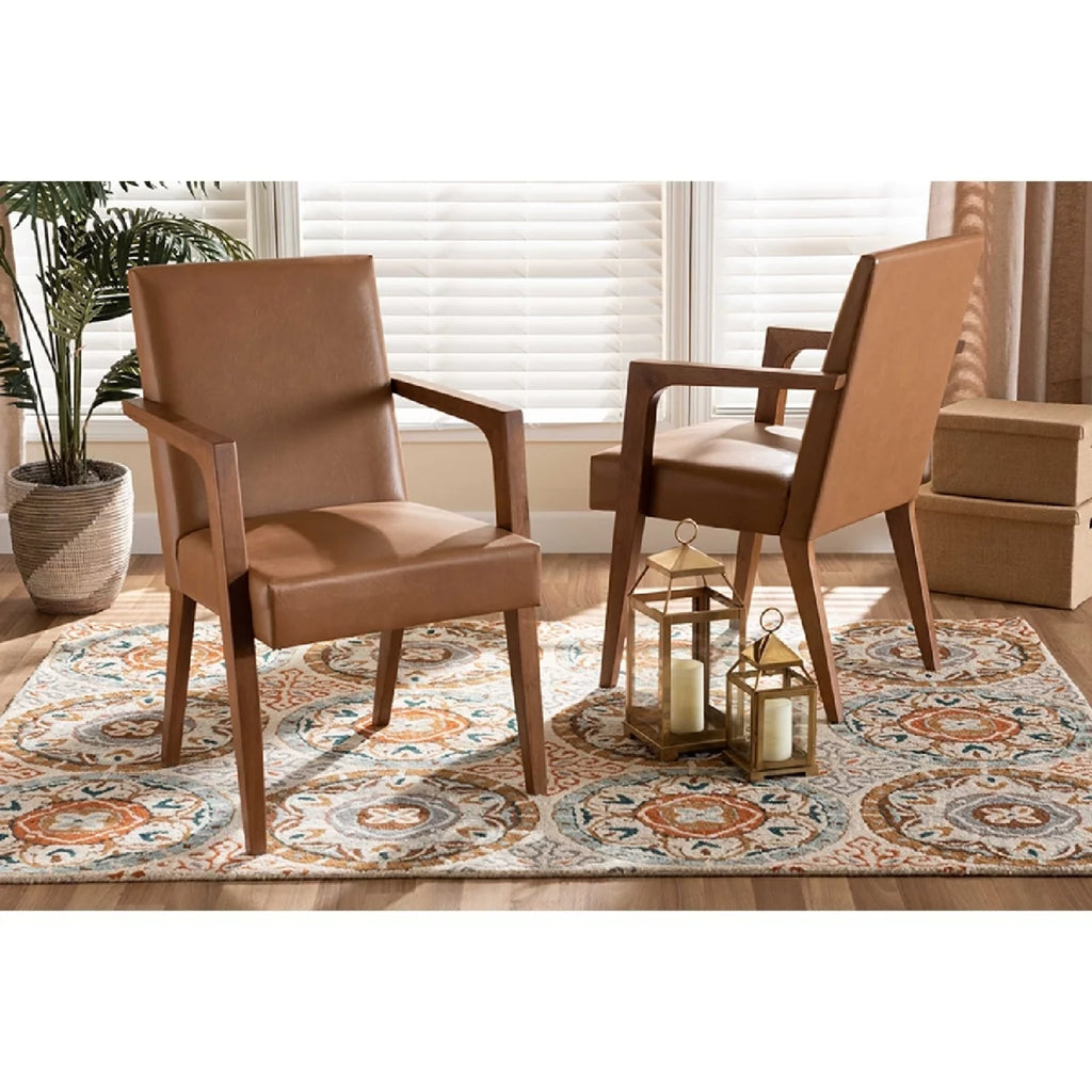 Tan Faux Leather Upholstered Wood 2-Piece Armchair Set Q266593