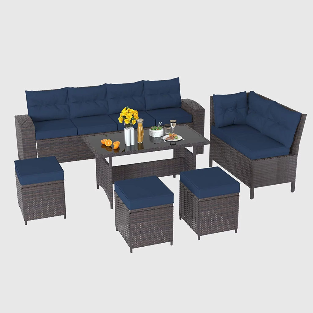 Brown Rattan 7 Pieces Outdoor Dining Set with Red Cushions I6982