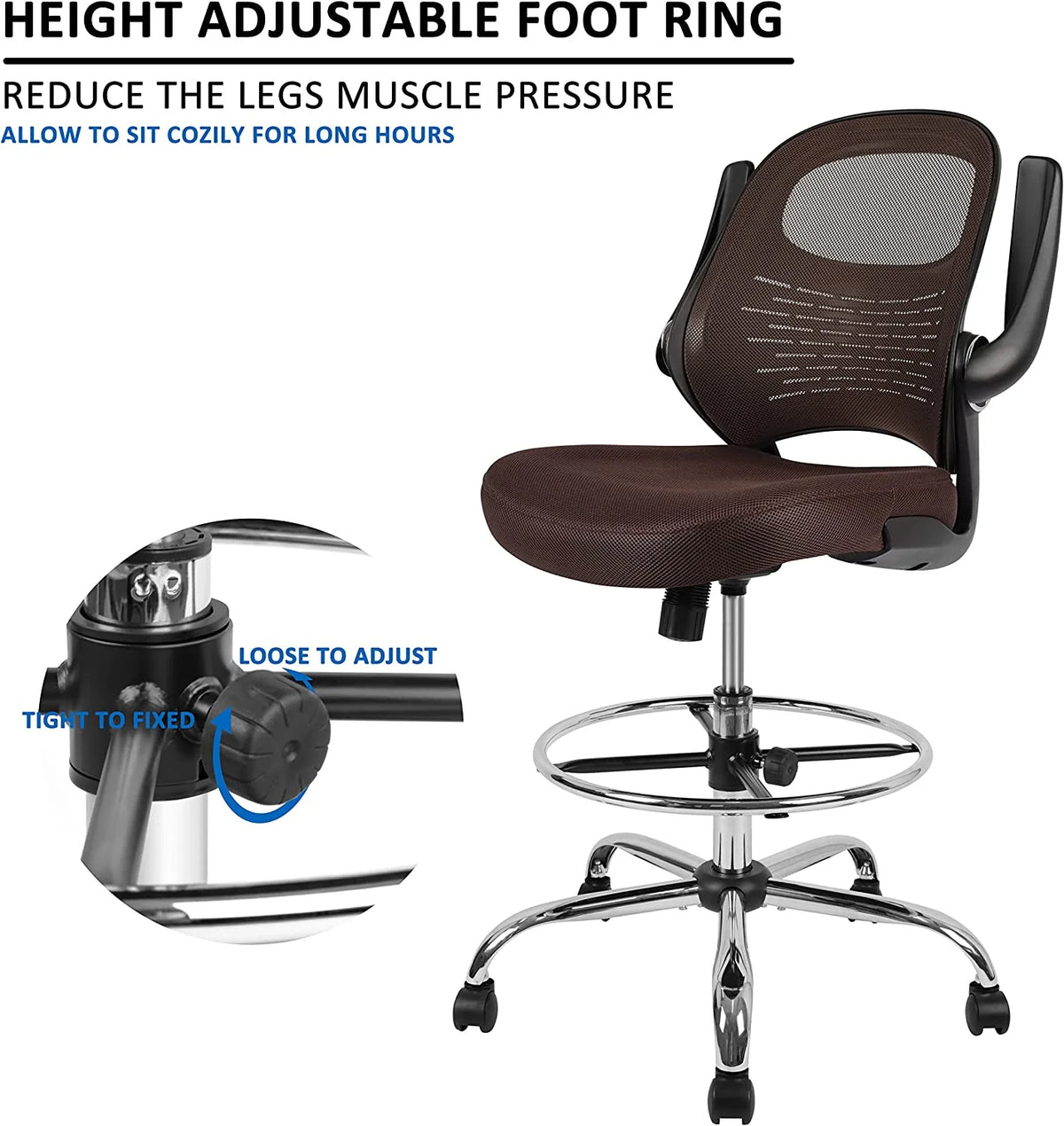 Brown Mesh Drafting Chair with Flip-Up Arms J741643