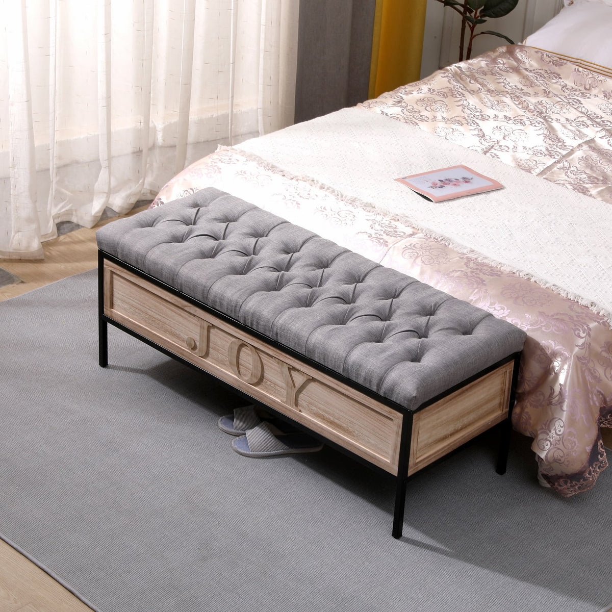 48'' Linen Upholstered Storage Bench with Button Tufted Wooden Ottoman D693852