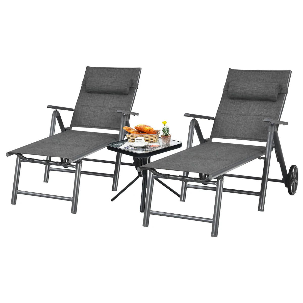 2PCS Aluminum Adjustable Pillow Padded Patio Chaise Lounge P136