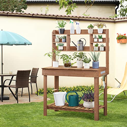 Brown Potting Bench Table with Storage Shelf E7409