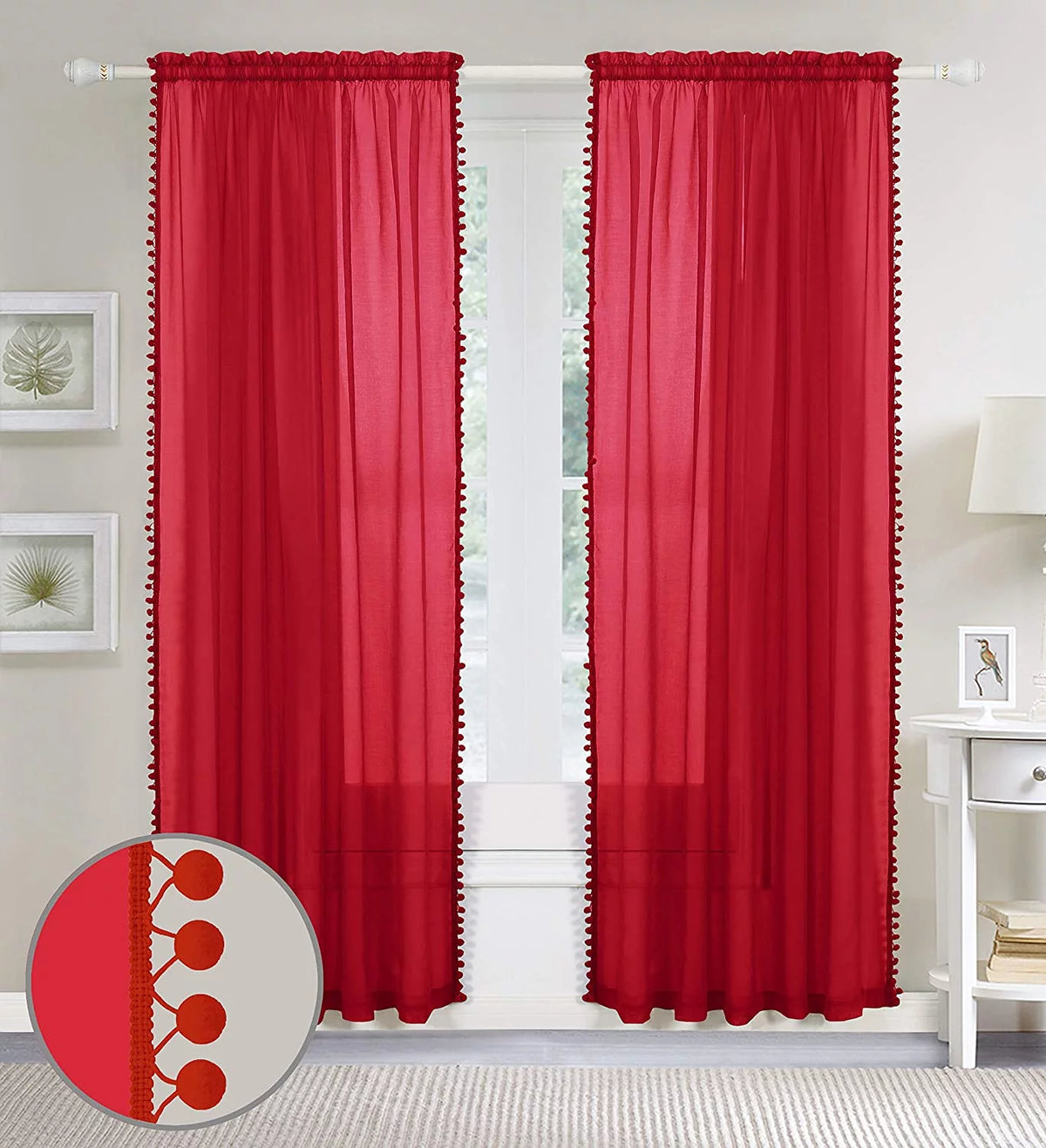 Semi-Sheer Curtains with Pom Pom Tassels 2 Piece Set 60 X 84 Red V521643
