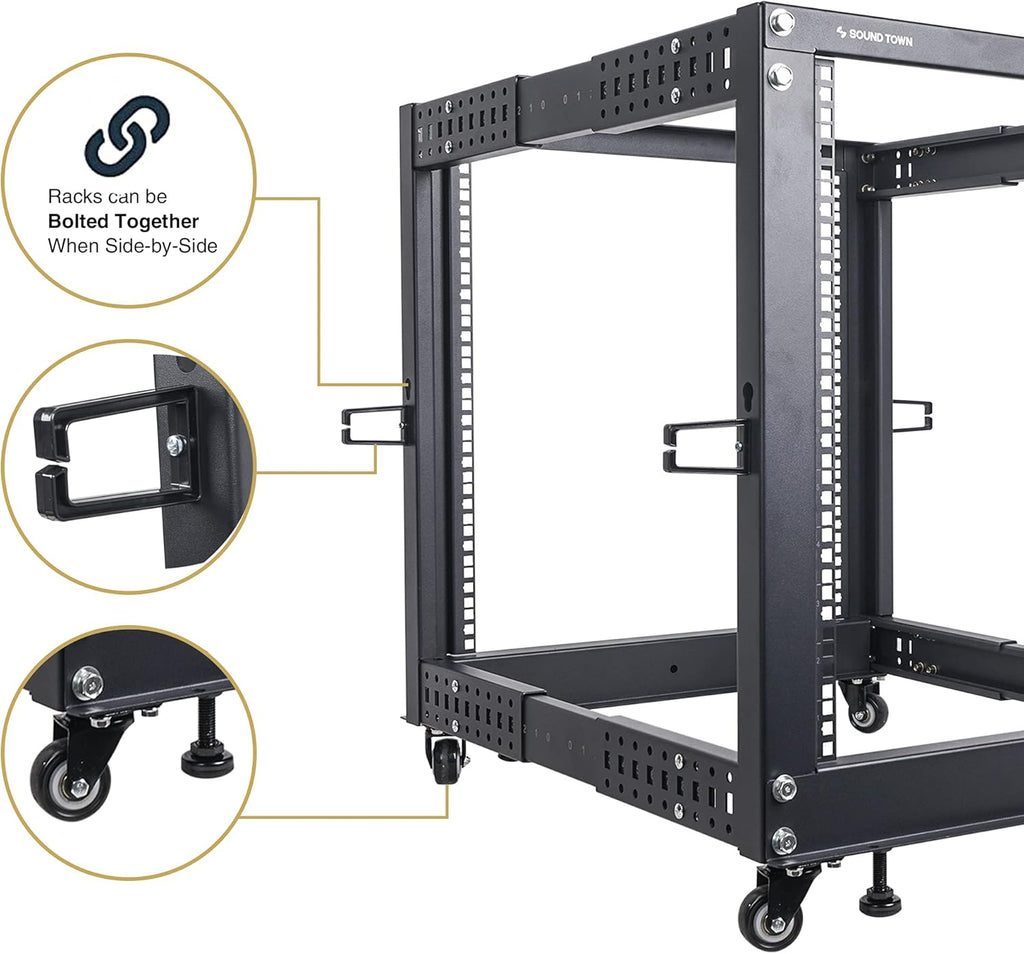 15U Open Frame Server and Network Equipment Rack with Adjustable Depth, Casters, Levelers, Cable Management L52122