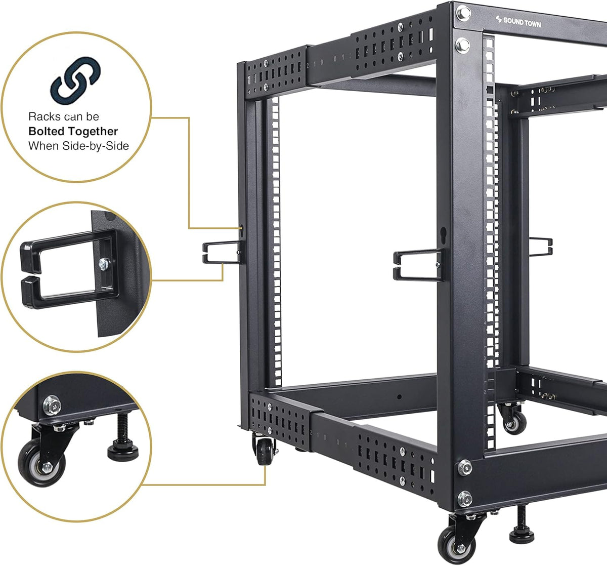15U Open Frame Server and Network Equipment Rack with Adjustable Depth, Casters, Levelers, Cable Management L52122