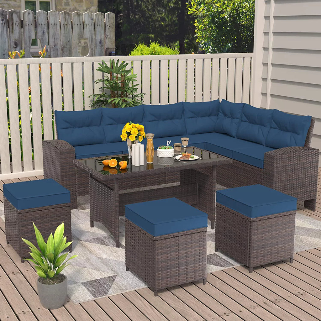 Brown Rattan 7 Pieces Outdoor Dining Set with Red Cushions I6982