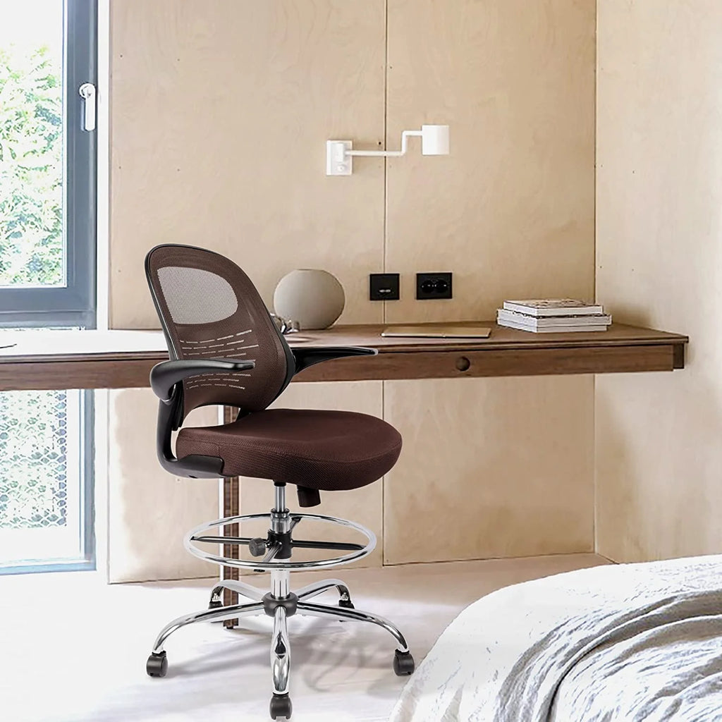 Brown Mesh Drafting Chair with Flip-Up Arms J741643