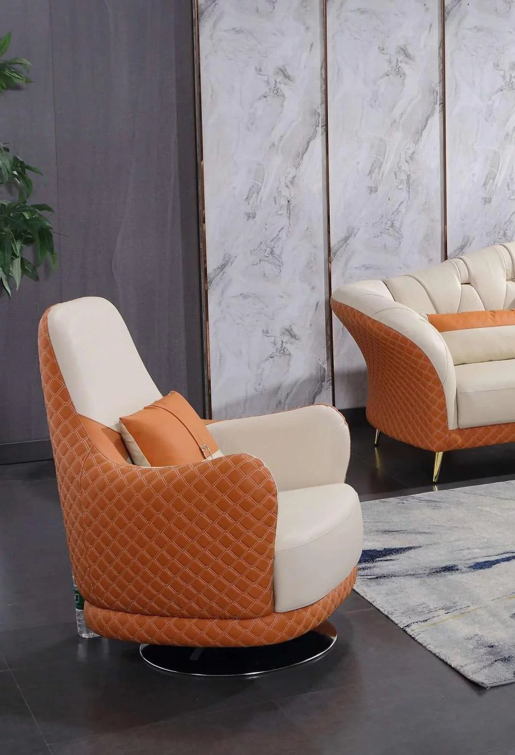 Off White Orange Italian Leather Arm Chair J527