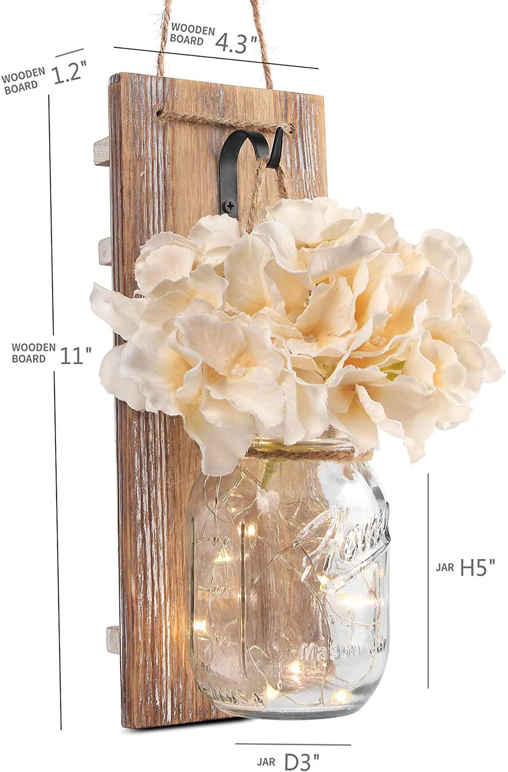 Set of 2 Grey Mason Jar Wall Sconces with Hooks A3217