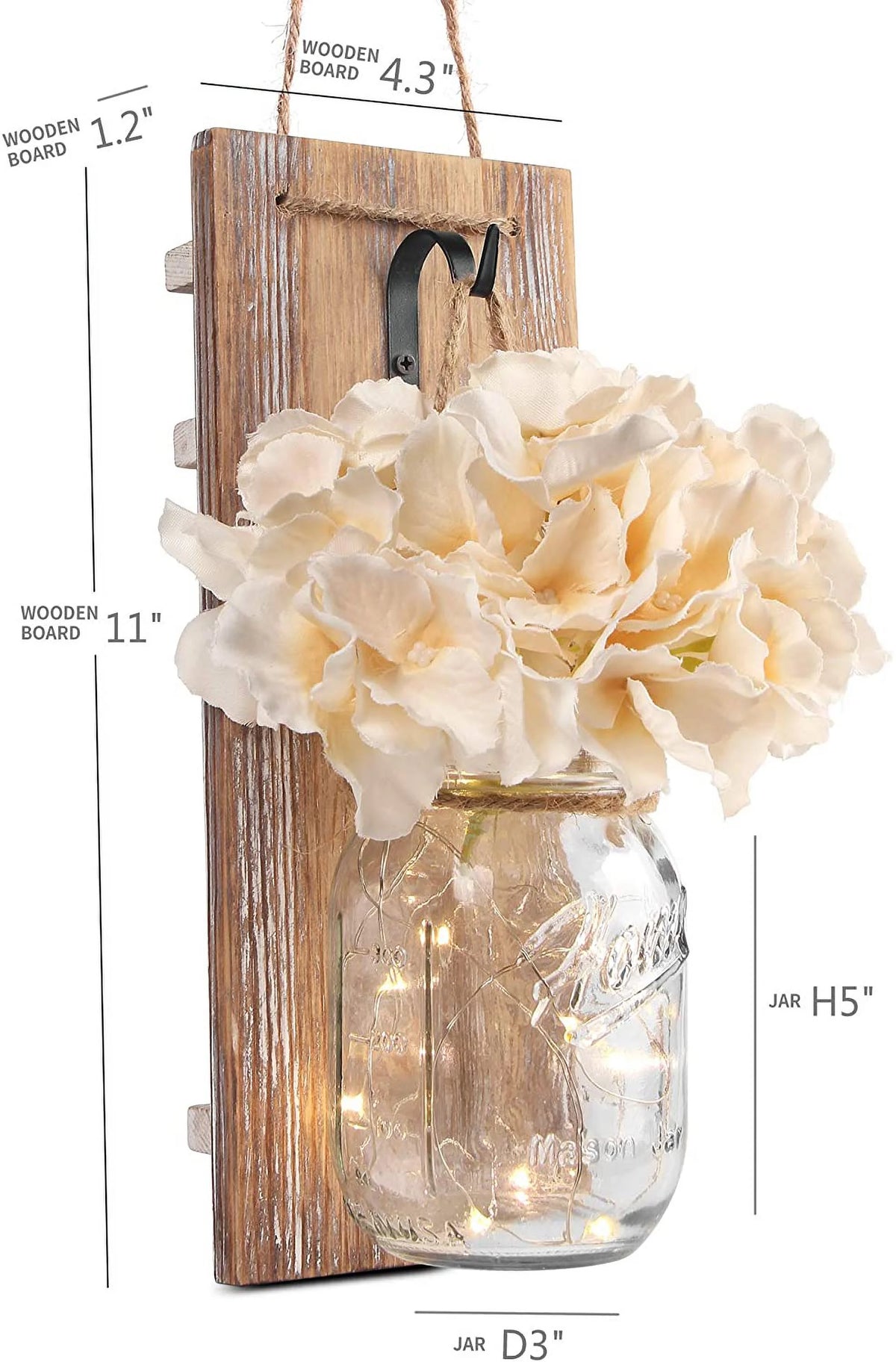 Set of 2 Grey Mason Jar Wall Sconces with Hooks A3217