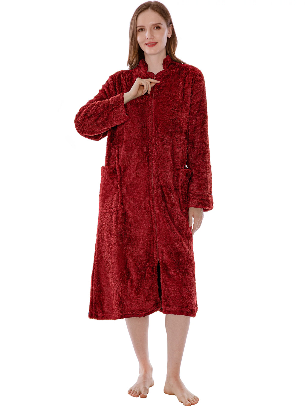 Wine Red Sherpa Fleece Zip Robe with Pockets K131432