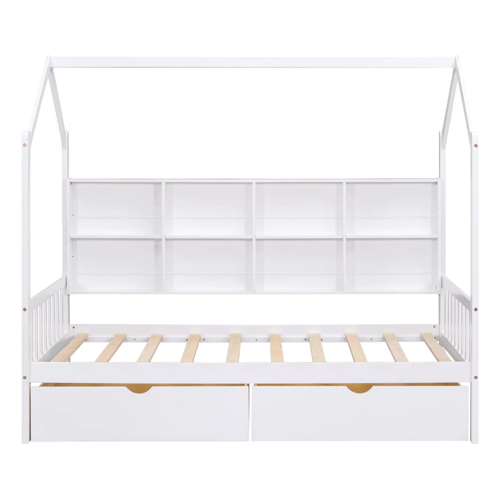 White Twin House Bed with Storage Drawers and Shelves U447