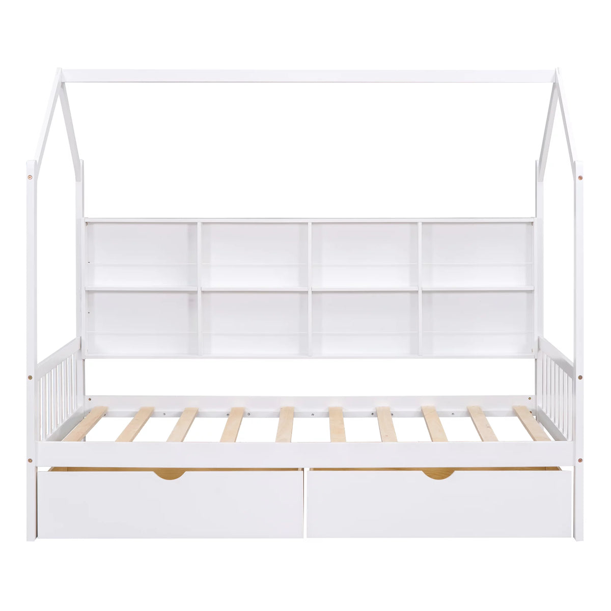 White Twin House Bed with Storage Drawers and Shelves U447